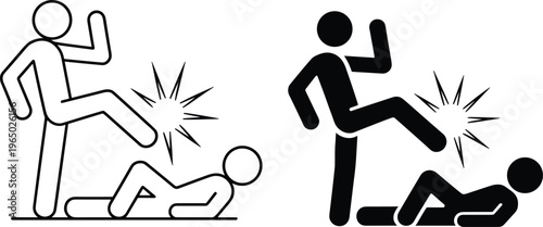 Violence concept stick figure kicking person icon, assault symbol, aggressive behavior illustration, danger warning sign, crime depiction, isolated vector design