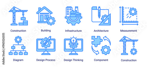 Construction and engineering icon set featuring building,infrastructure,architecture,and design process.Ideal for engineering and development projects.