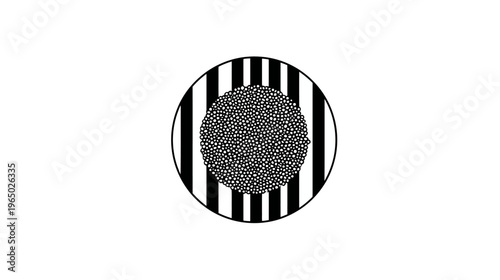 Black and white minimalist artwork. A circle has black and white vertical stripes. A cluster of dots at the center