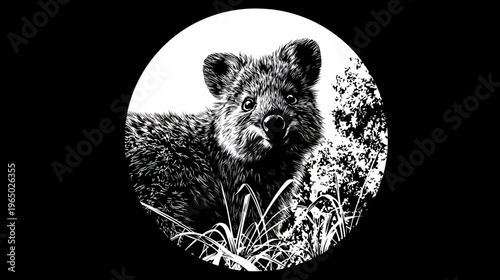 A black and white illustration of an adorable furry marsupial in a circle, in tall grass
