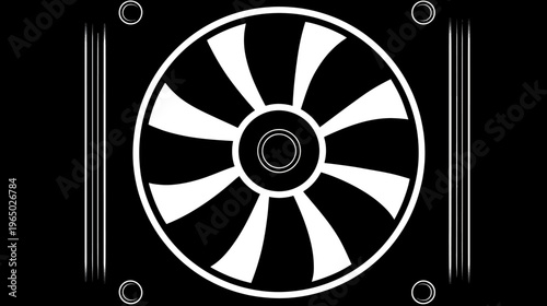 Stylized monochrome image showcasing a fan-blade design, with blades radiating from a central core