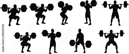 Weightlifter silhouettes performing barbell squat and strength training exercises, professional athletes isolated vector set for bodybuilding, powerlifting and fitness workout design