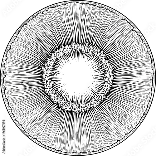 Intricate, circular illustration depicting a detailed, textured design with a central white void