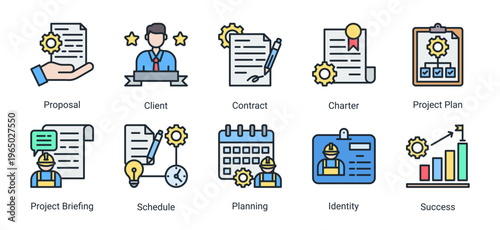 Construction project planning icon set featuring proposal,contract,scheduling,and business strategy.Ideal for planning,management,and workflow concepts.