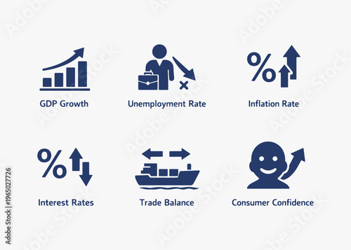 A set of Economic Indicators icons focuses on simplicity, elegance, and ease of recognition. Vector Sign for Logos, Labels, and Icons.
