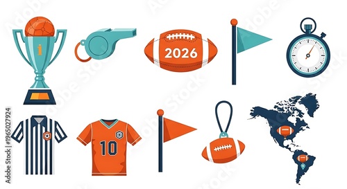 American football championship set with trophy, whistle, ball, referee uniform, jersey, flag, stopwatch and map