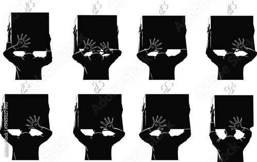Worker carrying heavy box overhead silhouette set manual labor lifting package workload concept industrial worker strain vector illustration collection