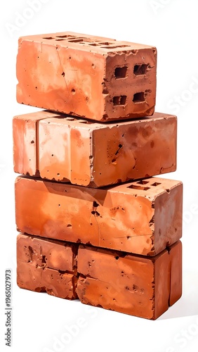 A stack of weathered red bricks on a white background