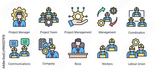 Construction team and management icon set featuring leadership,coordination,workforce,and communication.Ideal for organization and business management concepts.