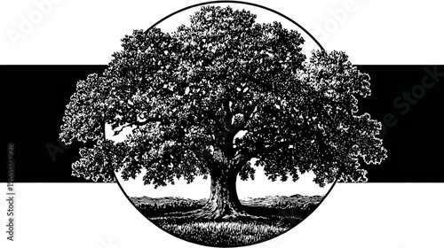 Silhouetted illustration of a large oak tree within a circle, featuring leaves, grass, and a strong trunk