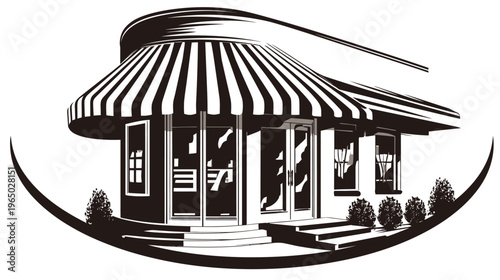 A monochrome illustration of a commercial building with a striped awning, windows, and steps