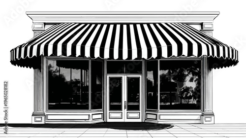 A grayscale illustration of a storefront with a striped awning and large windows