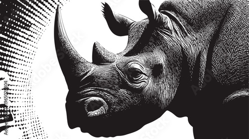 Detailed monochrome illustration of a rhinoceros head with visible skin texture and horn