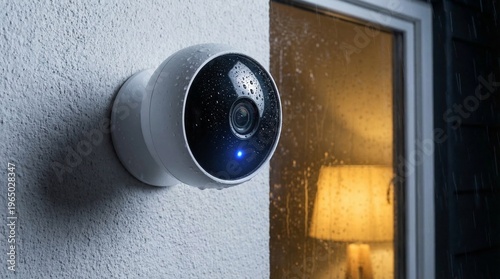 Outdoor Smart Security Camera with Raindrops on Wall at Night