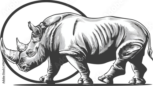 A grayscale illustration of a rhinoceros inside a circular frame, striding across a solid surface