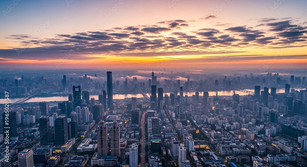 Fototapeta premium Breathtaking panoramic view of a modern urban skyline at sunrise, showcasing countless towering skyscrapers, a winding river, and a vibrant sky painted with warm hues of dawn
