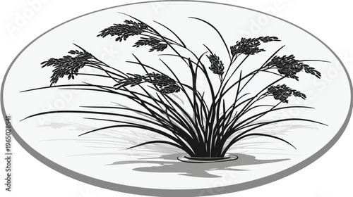 A stylized illustration features a cluster of tall grass within a circular border. The design appears monochrome