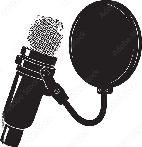 Vintage microphone, pop filter, recording equipment, sound engineering tools, black and white vector