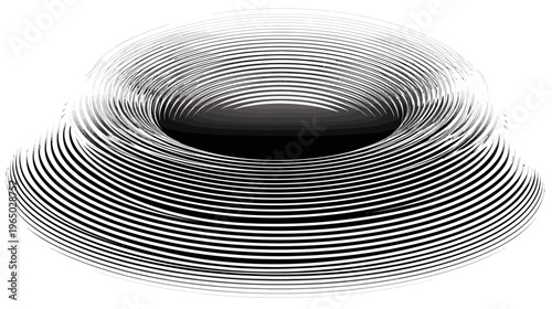 A grayscale circular graphic with concentric lines and abstract shading, a vortex effect