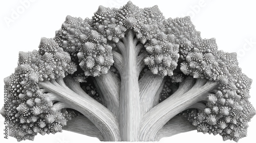 Black and white macro image of a Romanesco broccoli, showcasing its complex fractal structure