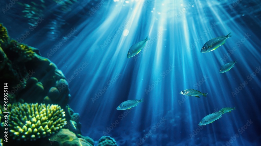 Naklejka premium Underwater Scene with Sunlight Rays Illuminating Colorful Fish and Coral in the Deep Sea