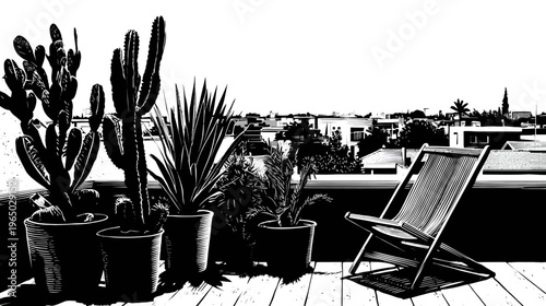 Monochrome illustration of potted cacti and other plants on a rooftop with a deck chair and city views