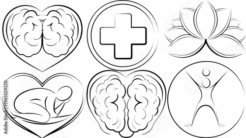 Healthcare and fitness vector icons set including brain heart yoga and medical symbols