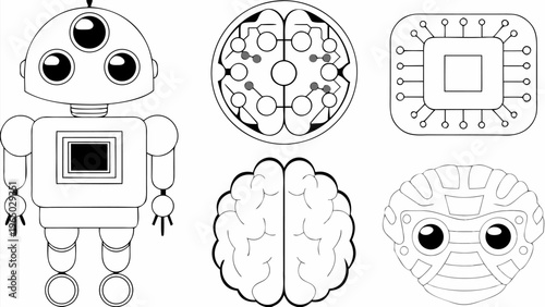 Artificial intelligence icons set with robot brain microchip and circuit board elements for technology design