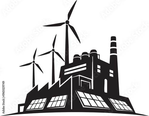 Eco-friendly factory, industrial wind power, sustainable energy, black vector icon