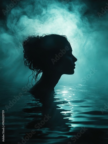 A woman in shadowy water, her silhouette glowing faintly in the surrounding darkness