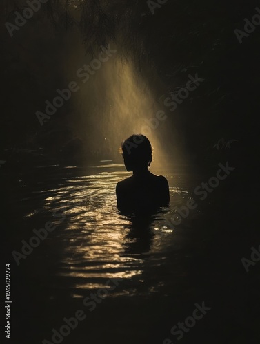 A woman in shadowy water, her silhouette glowing faintly in the surrounding darkness