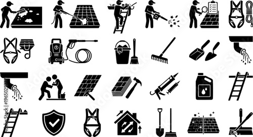 Gutter cleaning service and home roof maintenance vector illustration
