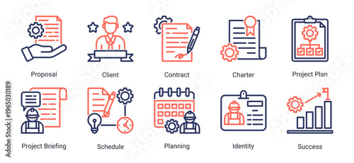 Construction project planning icon set featuring proposal,contract,scheduling,and business strategy.Ideal for planning,management,and workflow concepts.