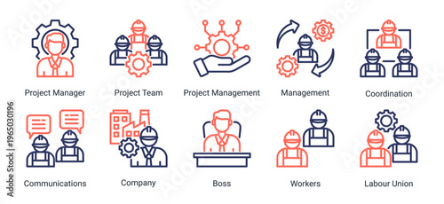 Construction team and management icon set featuring leadership,coordination,workforce,and communication.Ideal for organization and business management concepts.