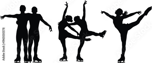 Figure skaters performing, couples and single, black silhouette.