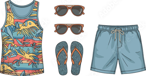 Summer beach vacation clothing and accessories flat lay for men and women.
