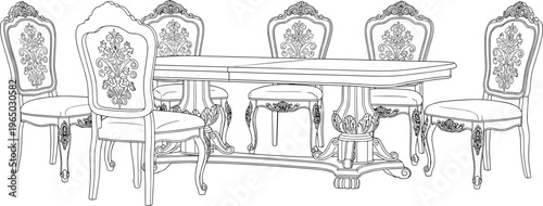Elegant dining table and ornate chairs in a formal setting.