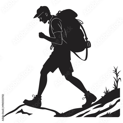 Hiker silhouette, backpacker icon, outdoor adventure, trekking vector