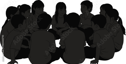 Group of children sitting in a circle, appearing to be in conversation.