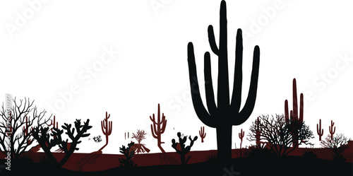 Desert landscape with various cacti and dry branches in silhouette.