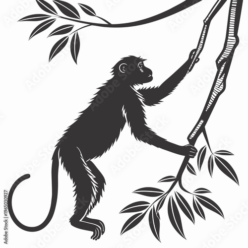 Monkey climbing tree, black silhouette illustration, primate hanging from branch, jungle wildlife icon