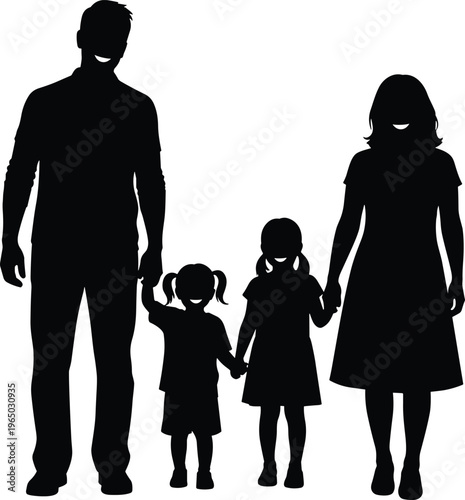 Happy family silhouette of parents holding hands with two daughters.