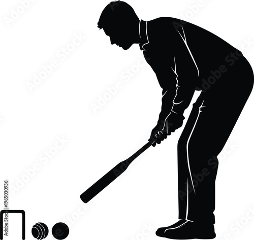 Man playing croquet with bat balls and wicket silhouette.