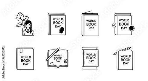 Collection of Line Art Icons Representing Global Reading Events and Literary Celebration Concepts for Educational and Cultural Design Projects