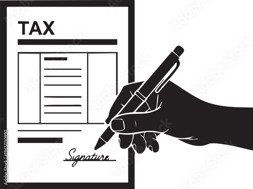 Tax document, hand signing form, pen in hand, financial paperwork, vector icon