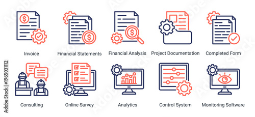 Construction finance and documentation icon set featuring invoice,analytics,reporting,and monitoring system.Ideal for business and financial management.