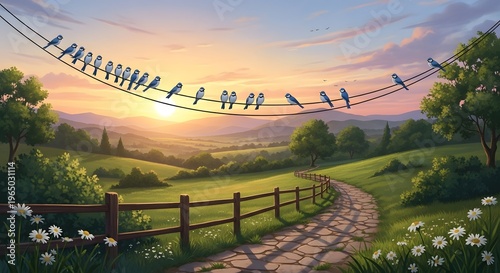Birds sitting on power lines over green hills at sunset. Peaceful countryside landscape and rural nature scene. Blue birds perched on wire during golden hour with flowers and path