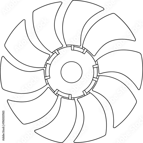Outline drawing of a white fan propeller with many blades.
