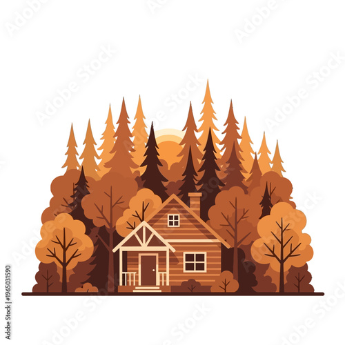 Serene autumnal wilderness scene featuring a charming wooden cabin surrounded by a dense forest of golden and amber trees under a warm setting sun, perfect for a peaceful natural escape