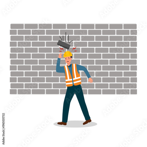 Brick falling on worker head with safety helmet. Safety first awareness, accident caution at industrial, construction site. Vector.